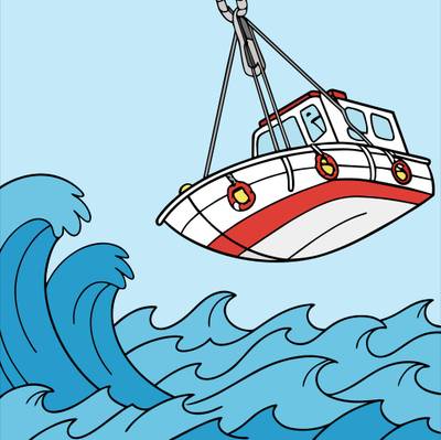 Versão colorida: Bote salva-vidas no mar agitado