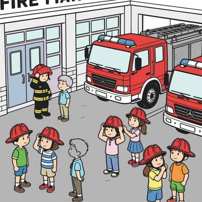 Colored version: Kids try on helmets at the fire station