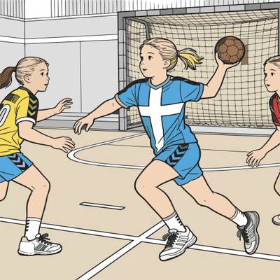 Versão colorida: Cena de passe no handebol dinamarquês