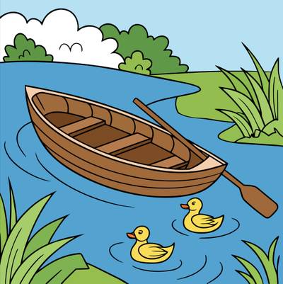 Versão colorida: Barco a remo no lago com patos