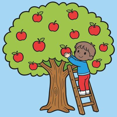 Versão colorida: Menino colhendo maçãs da macieira