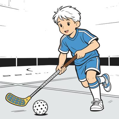 Versão colorida: Menino jogando floorball