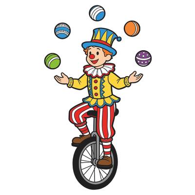 Färglagd version: Clown som jonglerar på enhjuling