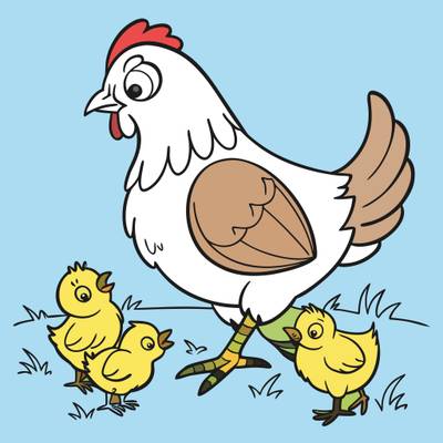 Ingekleurde versie: Kip met drie kuikens
