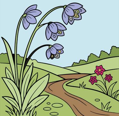 Colored version: Riverbank flowers in a landscape