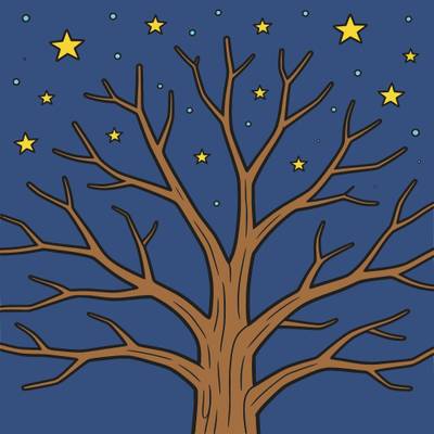 Versione colorata: Albero invernale spoglio sotto le stelle