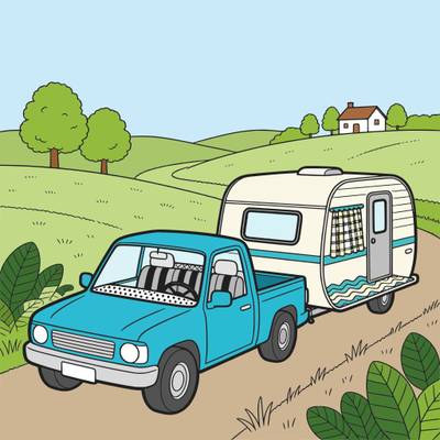 Colored version: Detailed pickup and camper in countryside