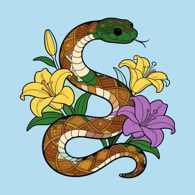 Colored version: Art Nouveau snake with lilies