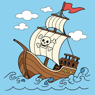 Farvelagt version: Piratsskib på oprørt hav
