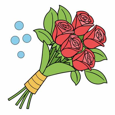Ingekleurde versie: Boeket rozen met een lint