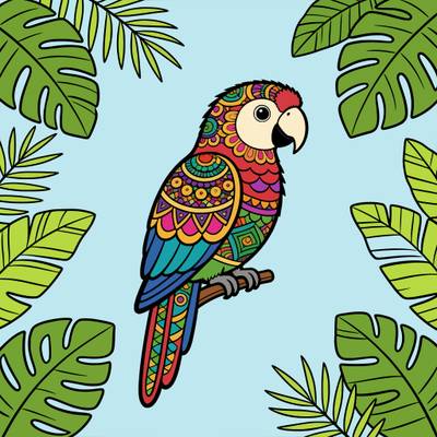 Colored version: Mandala parrot with tropical leaves