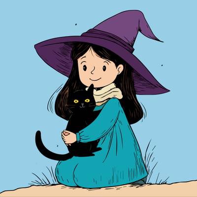 Väritetty versio: Noita tyttö kissansa kanssa