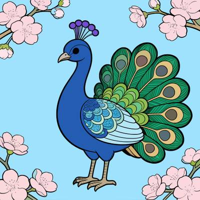Colored version: Peacock surrounded by spring blossoms