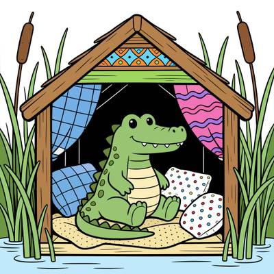 Colored version: Cute crocodile in a marsh cabin