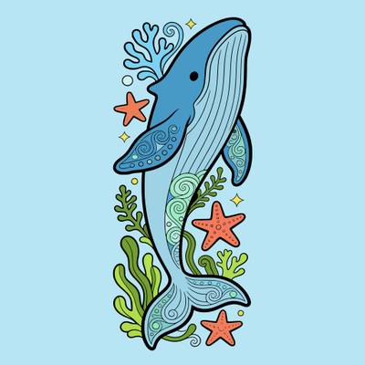 Colored version: Art nouveau whale with sea florals