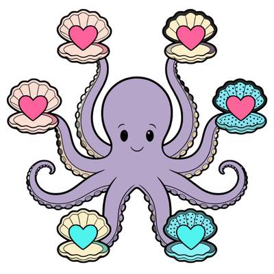 Colored version: Cute octopus with heart seashells