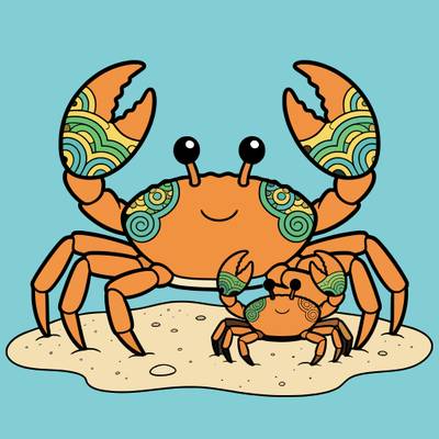 Colored version: Cute crab parent and baby on beach