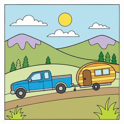 Colored version: Simple pickup towing camper trailer