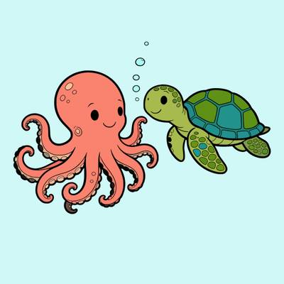 Colored version: Cute octopus meets a sea turtle