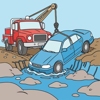 Versão colorida: Caminhão-guincho puxando carro da vala nevada