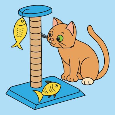 Farvelagt version: Kat ved kradsetræ med fisk