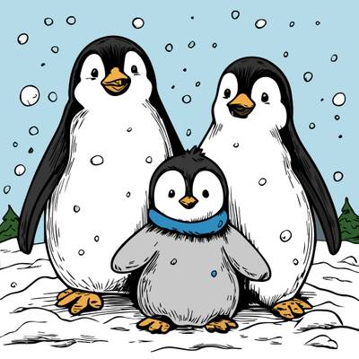 Versione colorata: Famiglia di pinguini nella neve