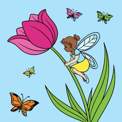 Colored version: Cute flower fairy on a tulip