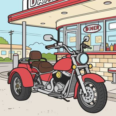 Versione colorata: Moto a tre ruote davanti al diner