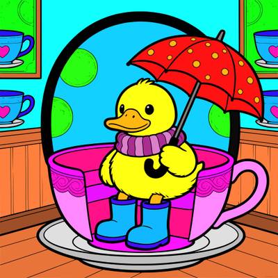 Colored version: Cozy duck in a teacup with umbrella