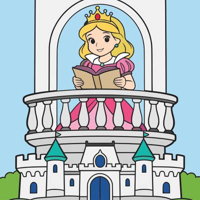 Ingekleurde versie: Prinses op balkon boven een kasteel