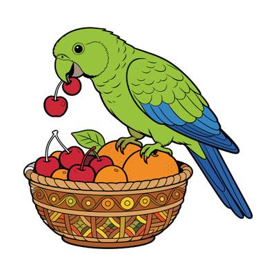 Colored version: Parrot on a fruit basket with cherries