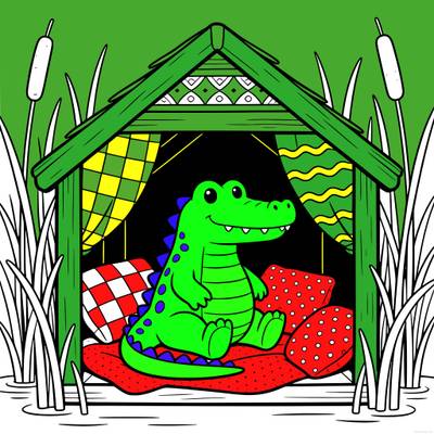 Colored version: Cute crocodile in a marsh cabin