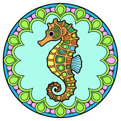 Colored version: Detailed seahorse in a mandala circle