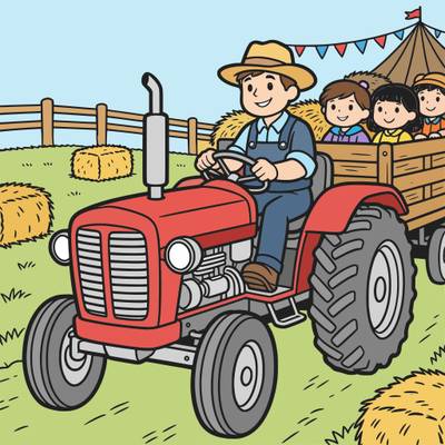 Versione colorata: Trattore con bambini alla festa del raccolto