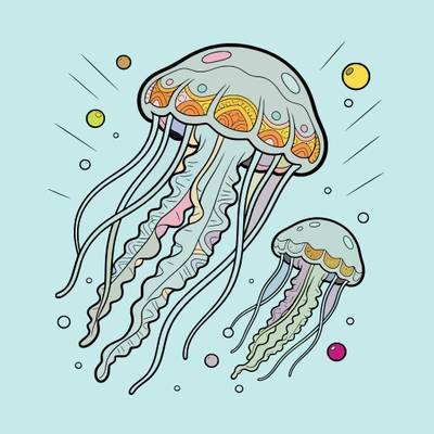 Colored version: Detailed jellyfish with bubbles