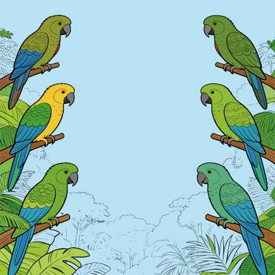 Colored version: Parrots framing a rainforest canopy scene