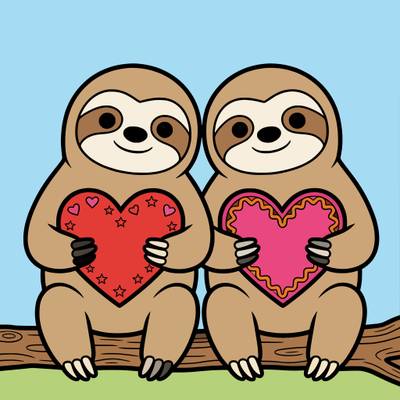Colored version: Cute sloth pair holding hearts