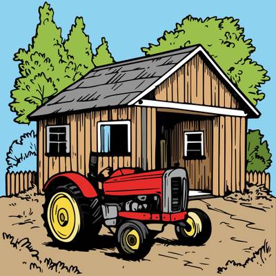 Colored version: Tractor by the barn