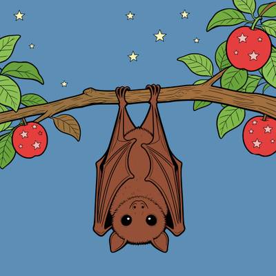 Colored version: Fruit bat under the moon in an orchard