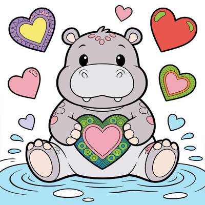 Colored version: Cute baby hippo with hearts