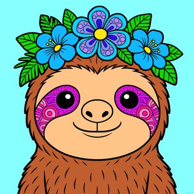 Colored version: Cute sloth with a flower crown