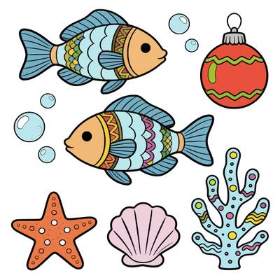 Colored version: Cute fish with Christmas ornament underwater