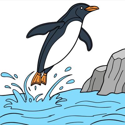 Versione colorata: Pinguino che salta in acqua