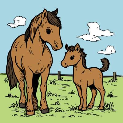 Colored version: Horse and foal in a field