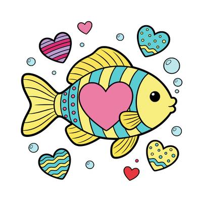 Colored version: Heart-themed rainbow fish with bubbles