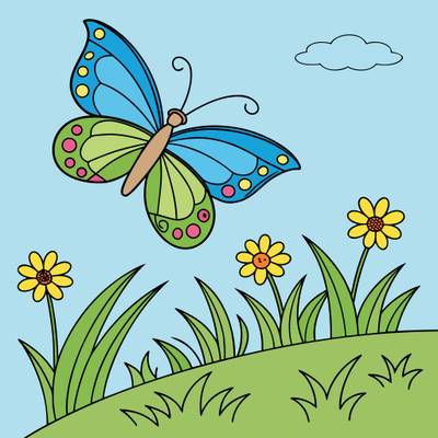 Colored version: Butterfly fluttering over meadow flowers