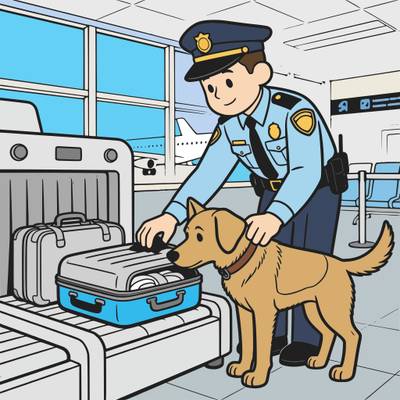 Ingekleurde versie: Politiehond controleert bagage op het vliegveld