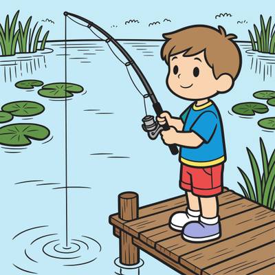 Versão colorida: Menino pescando no píer do lago