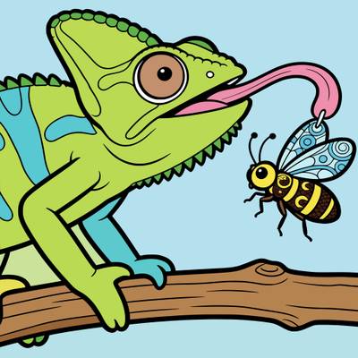 Colored version: Cartoon chameleon catching an insect