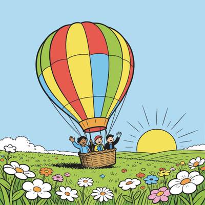Ingekleurde versie: Luchtballon landt bij zonsopgang